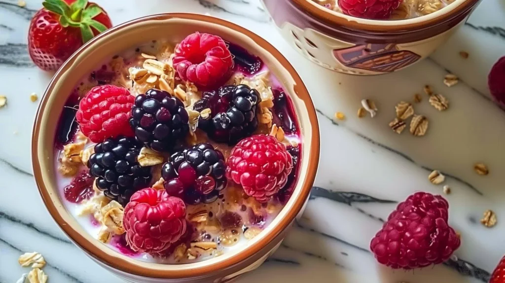 Delicious warm berry oatmeal cup served in a cozy kitchen setting
