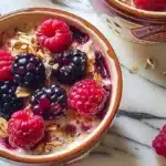 Delicious warm berry oatmeal cup served in a cozy kitchen setting