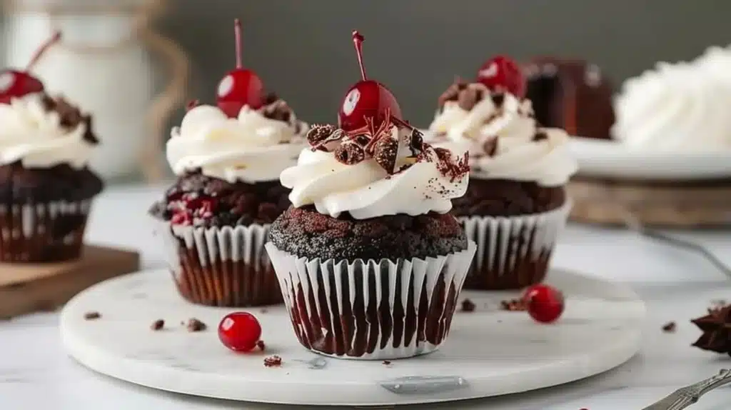 Delicious Black Forest Cupcakes with chocolate, cherries, and whipped cream frosting.
