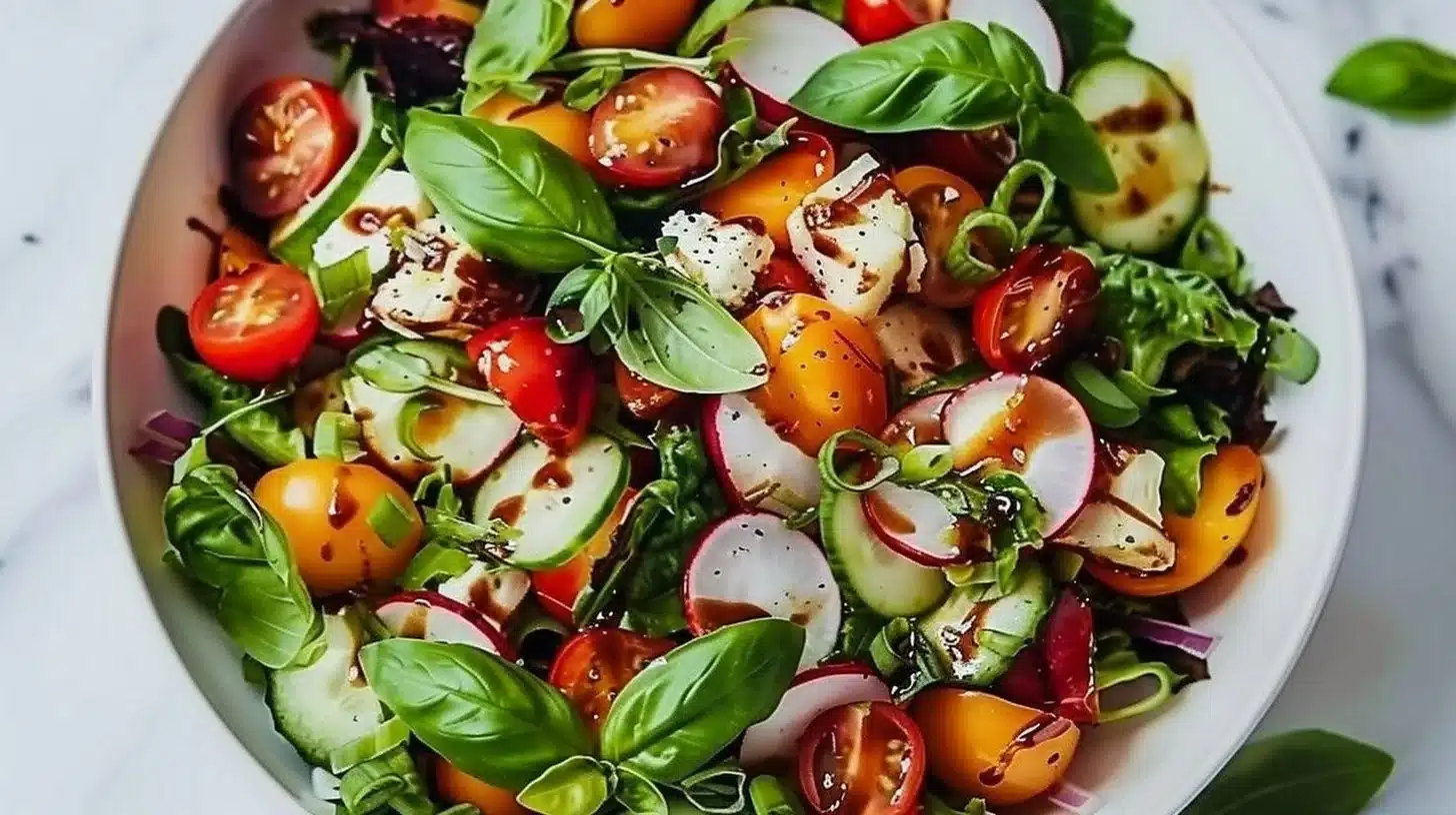 Colorful Bold Flavor Salad Bowl with fresh vegetables and dressing