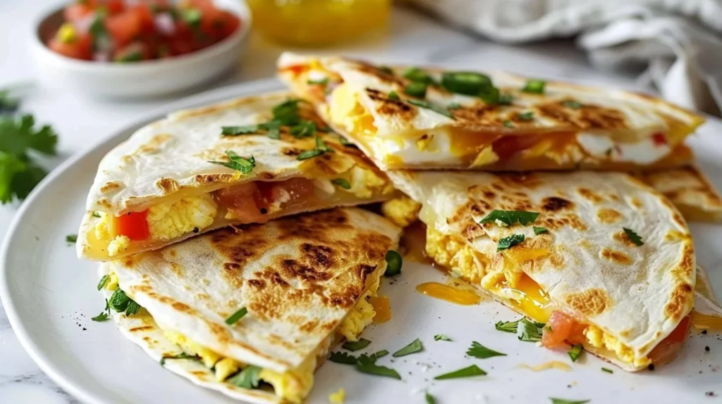 Delicious breakfast quesadillas with eggs, cheddar cheese, and salsa on a plate