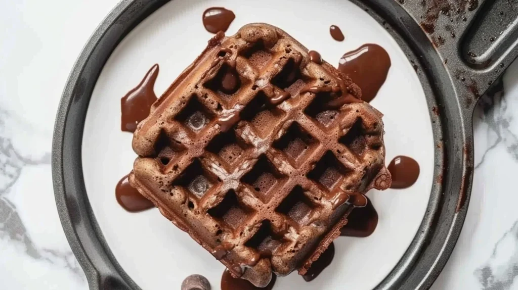 Delicious brownie waffles drizzled with chocolate sauce and topped with strawberries