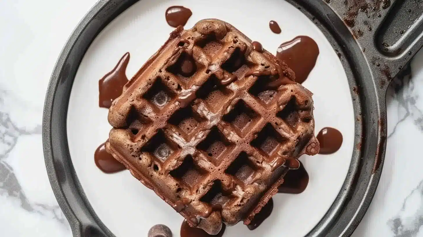 Delicious brownie waffles drizzled with chocolate sauce and topped with strawberries