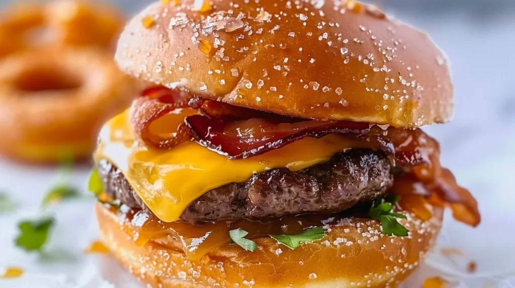 Buttery glazed donut burger topped with savory ingredients and melted cheese.