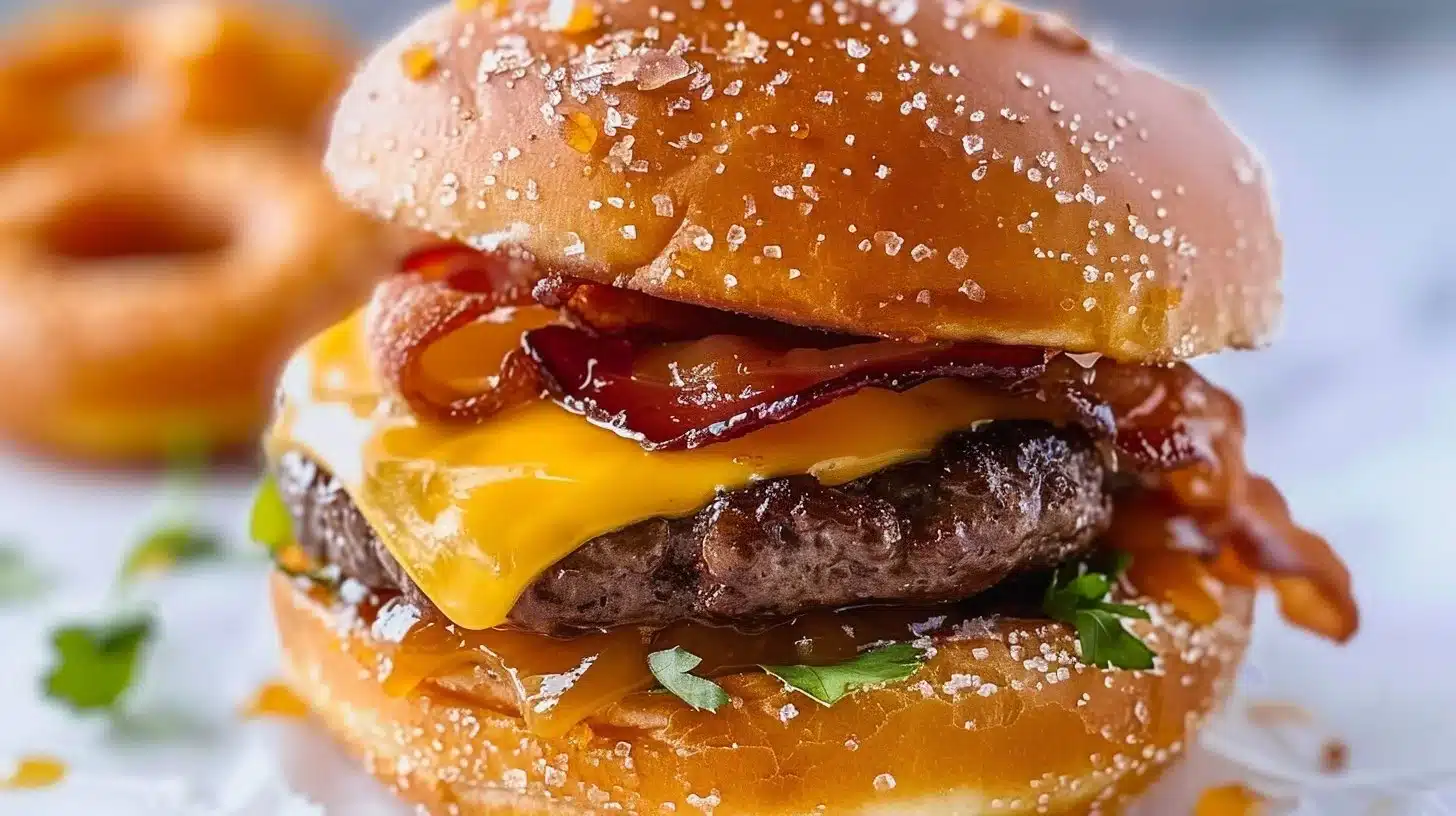 Buttery glazed donut burger topped with savory ingredients and melted cheese.