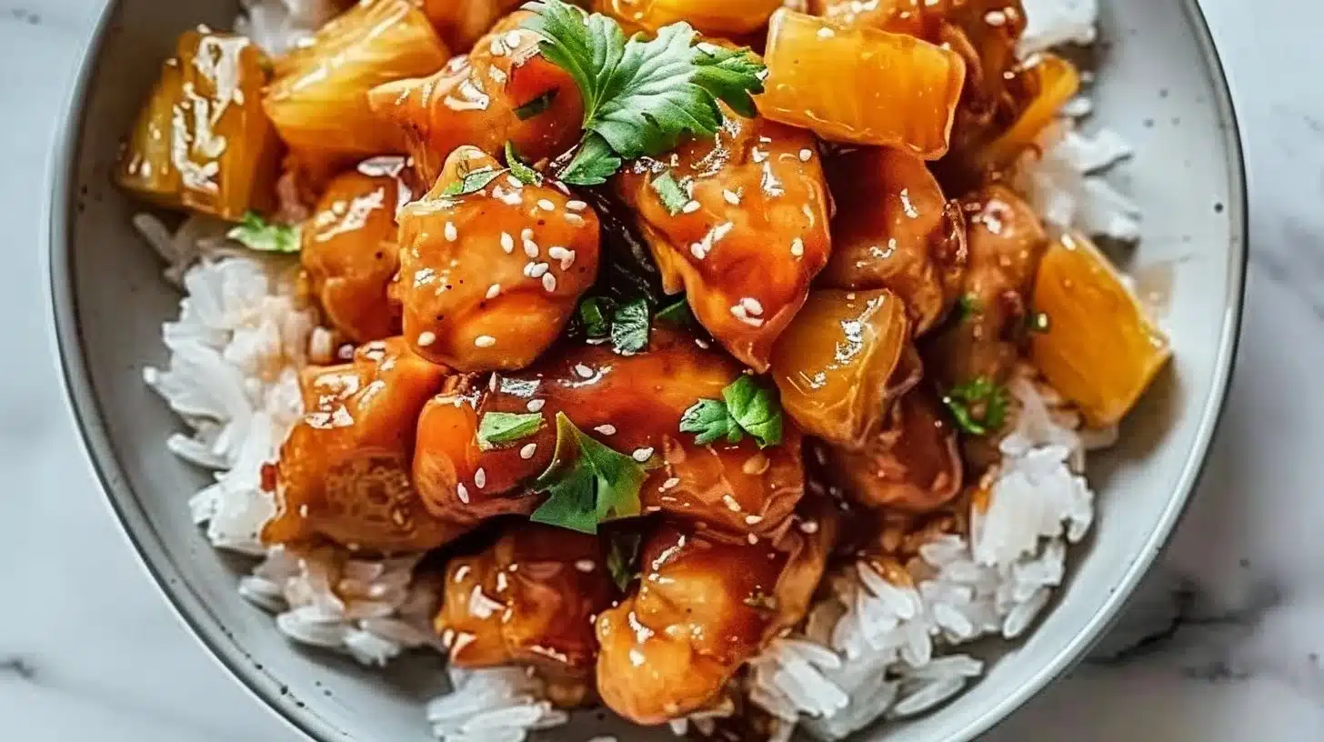 Delicious caramelized pineapple chicken dish garnished with fresh herbs