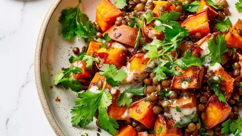 Delicious Caramelized Sweet Potato and Lentil Salad in a bowl