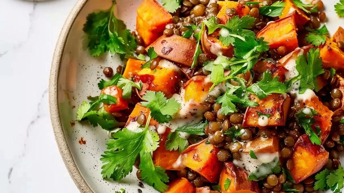 Delicious Caramelized Sweet Potato and Lentil Salad in a bowl