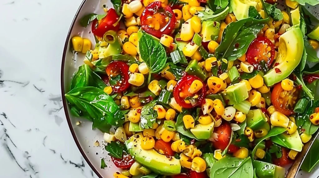 Charred sweet corn and avocado salad with fresh ingredients in a bowl