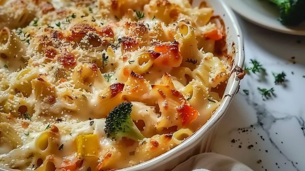Cheesy baked vegetable pasta dish with colorful veggies and melty cheese