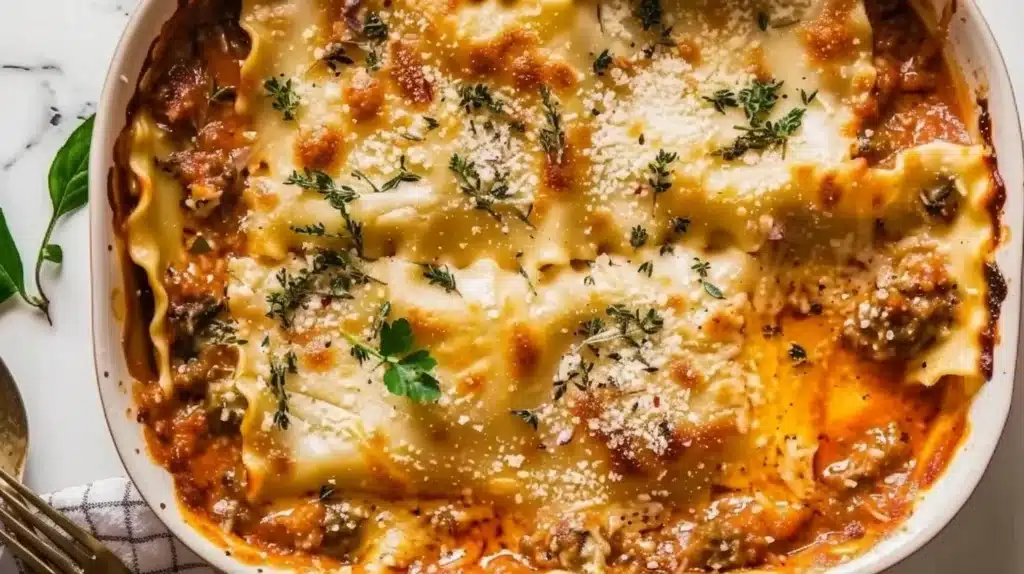 Delicious cheesy herb lasagna served with fresh basil and a side salad.