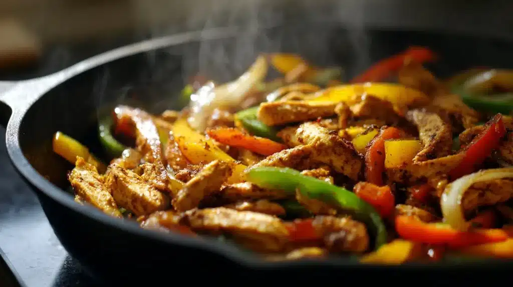 Delicious chicken breast fajitas served with colorful peppers and tortillas
