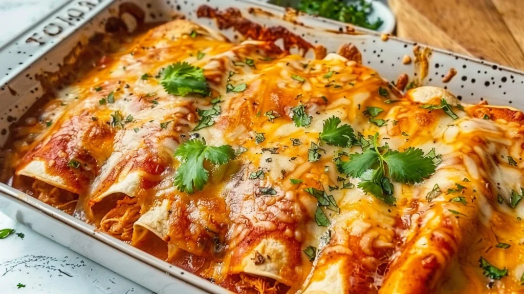 Delicious homemade chicken enchiladas topped with sauce and cheese