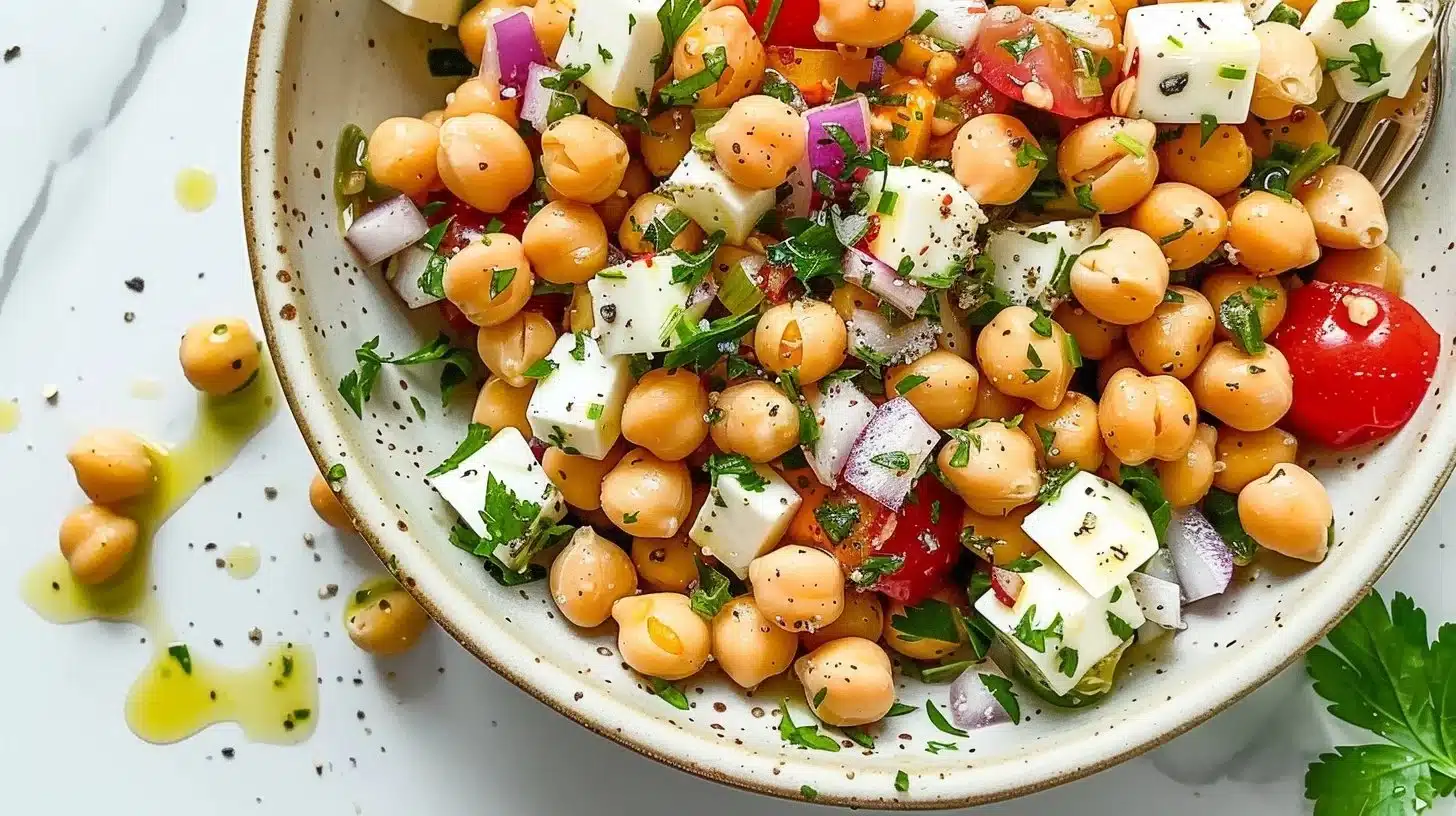 Colorful chickpea salad with fresh vegetables and herbs in a bowl