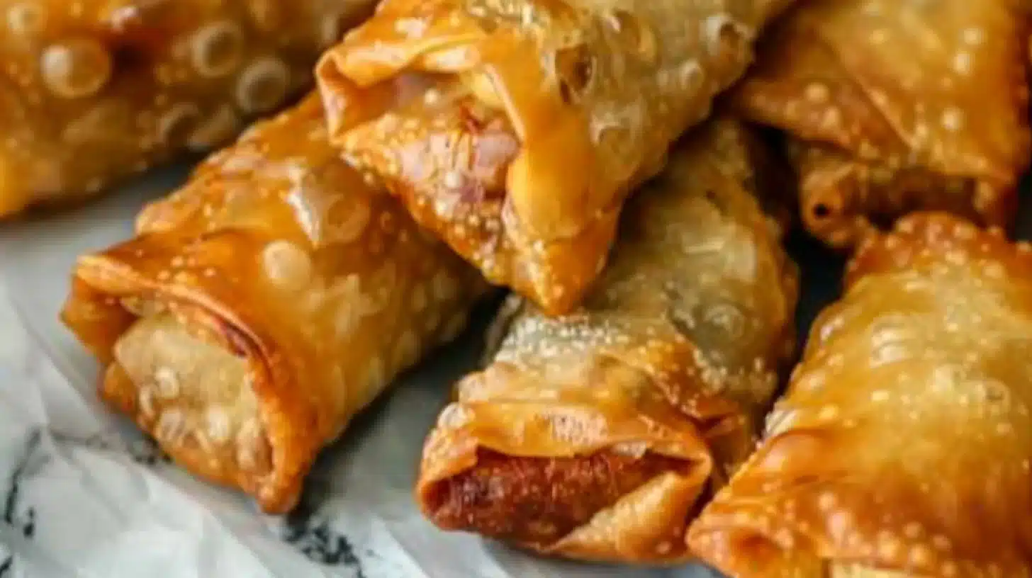 Homemade Chinese egg rolls filled with vegetables and served with dipping sauce.