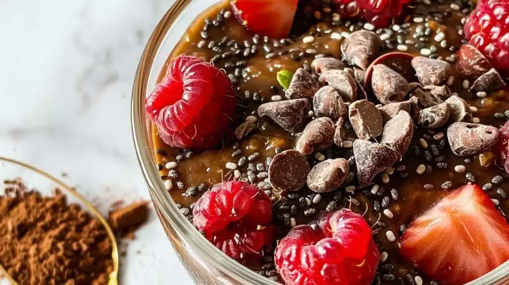 Delicious chocolate chia seed pudding in a bowl topped with cocoa and berries