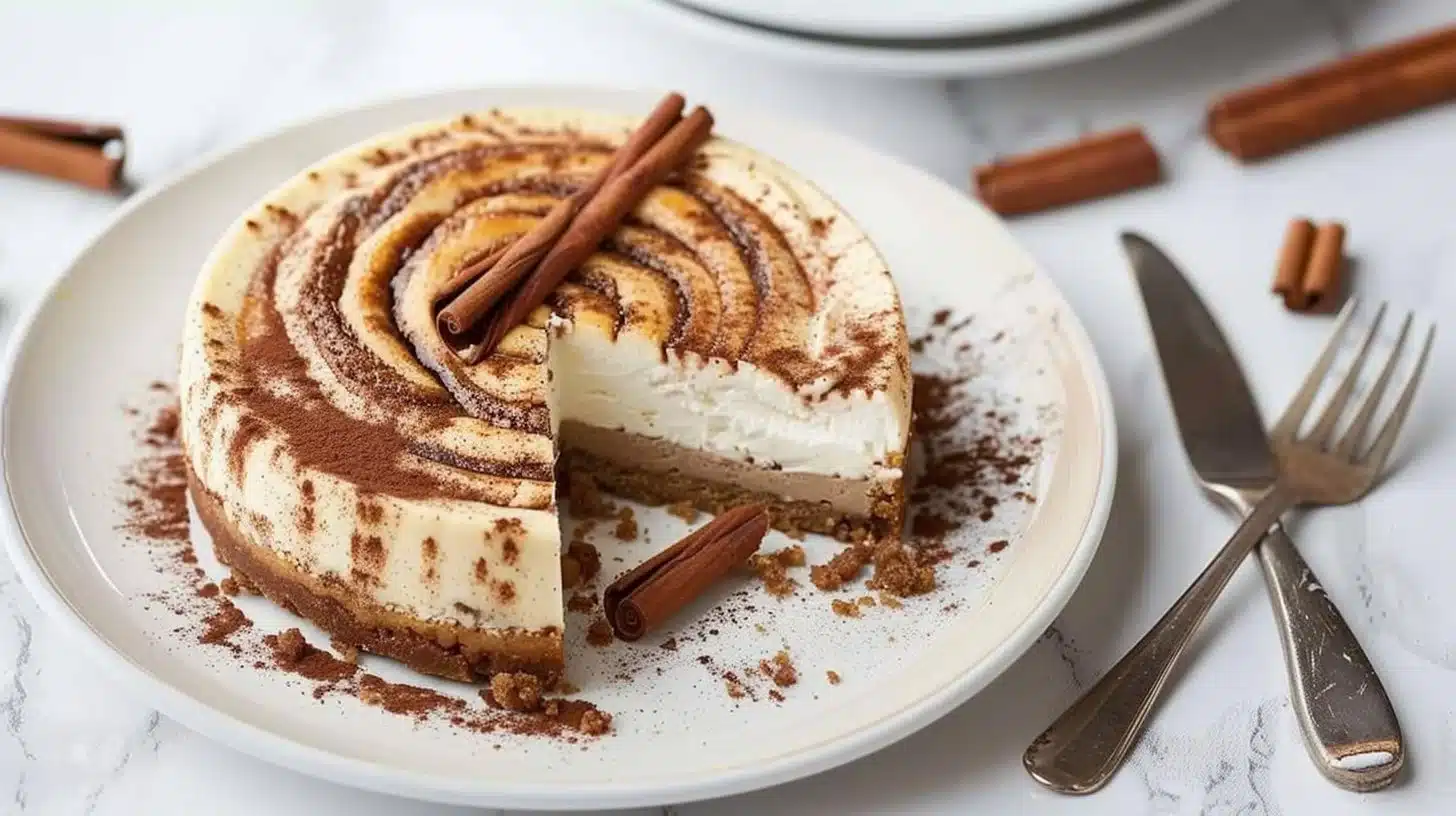 Delicious homemade Cinnamon Roll Cheesecake with swirls of cinnamon and cream cheese frosting