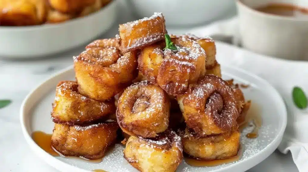 Cinnamon Roll French Toast Bites served with syrup and cinnamon topping