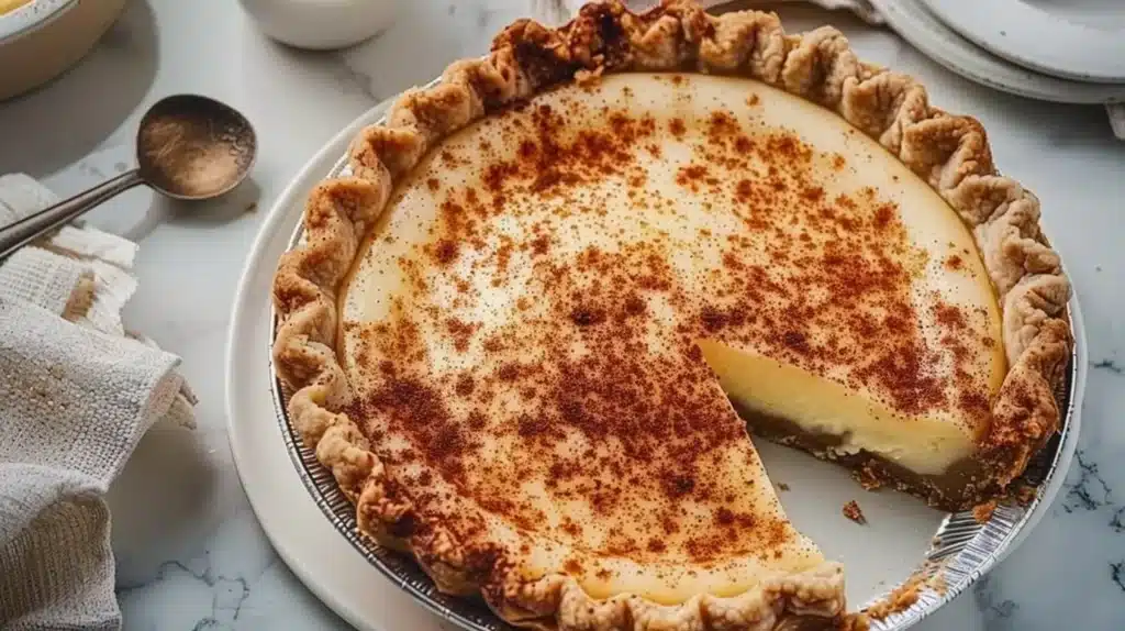 Delicious Cinnamon Vanilla Custard Pie with a golden crust and creamy filling