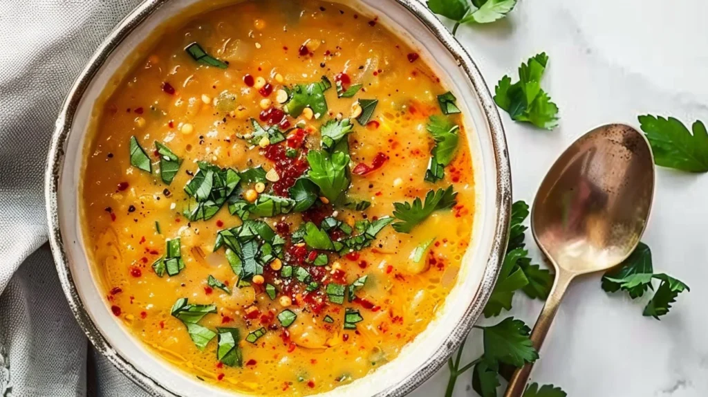 Bowl of creamy coconut lentil soup garnished with fresh herbs