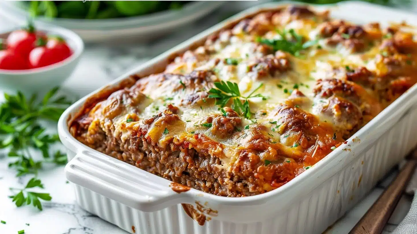 Comfort Style Meatloaf Casserole served in a baking dish with garnishes