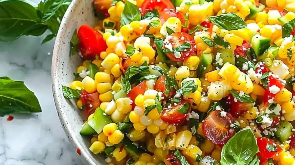 Fresh corn salad with colorful vegetables and dressing