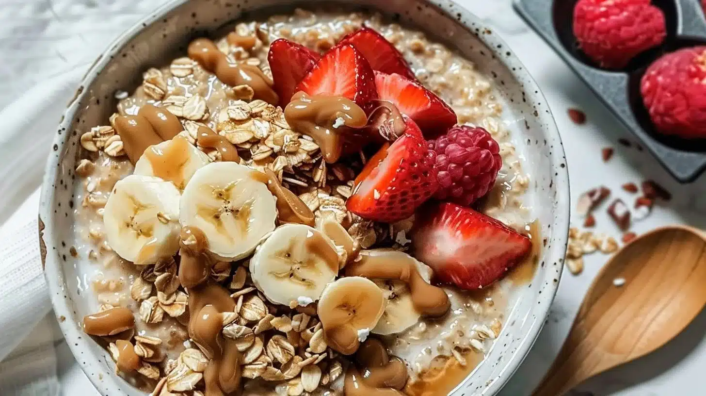 Cozy warm peanut butter oatmeal bowl topped with fruits and nuts