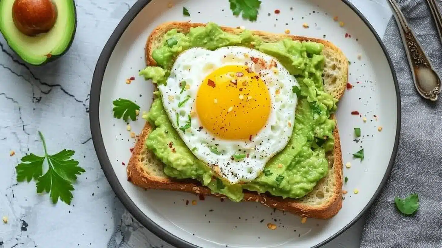 Creamy avocado egg toast topped with herbs and spices on whole-grain bread