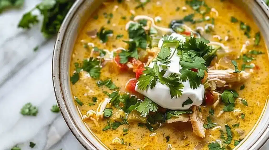 Bowl of creamy chicken enchilada soup garnished with cilantro and tortilla strips