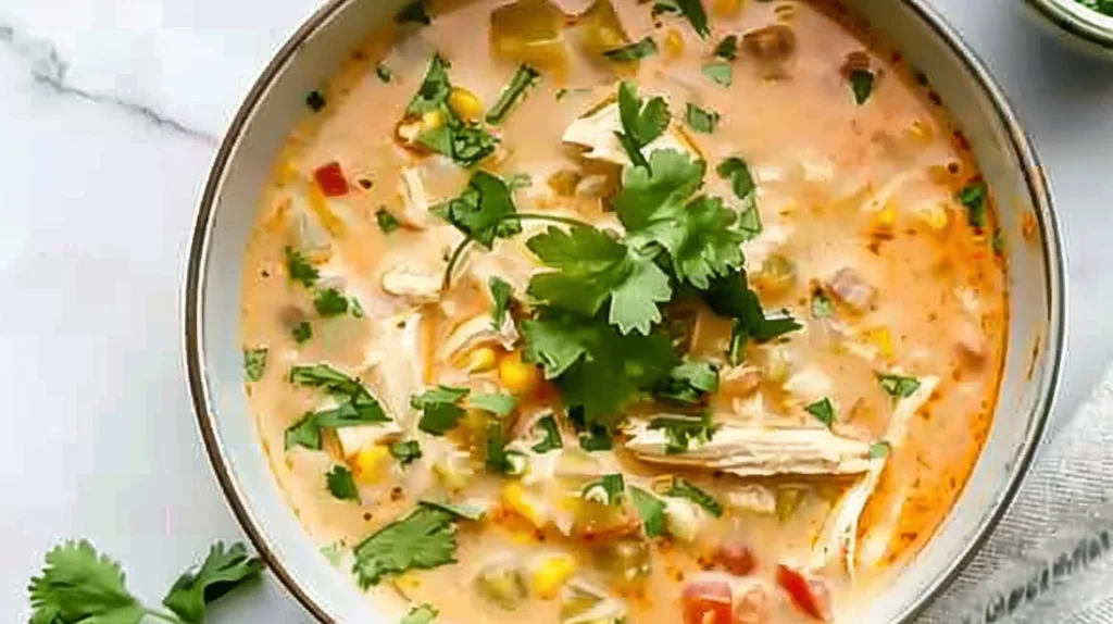 Bowl of creamy chicken enchilada soup topped with cheese and cilantro