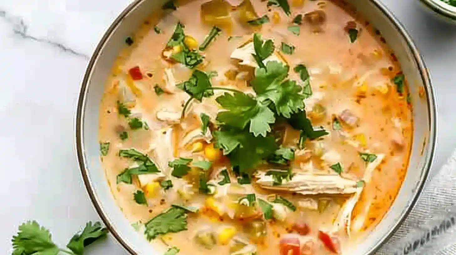 Bowl of creamy chicken enchilada soup topped with cheese and cilantro