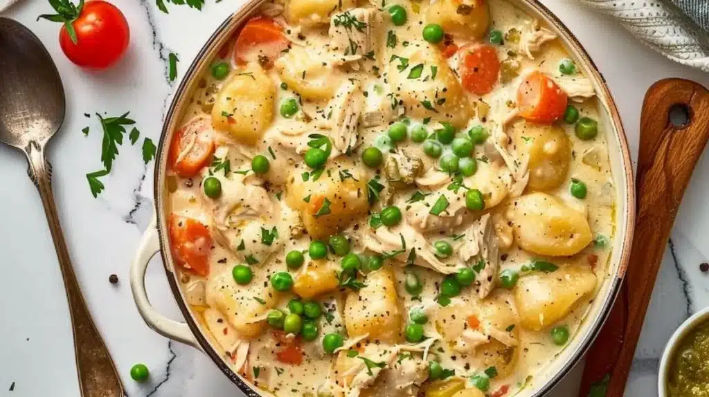 Creamy chicken pot pie gnocchi with vegetables in a rich sauce