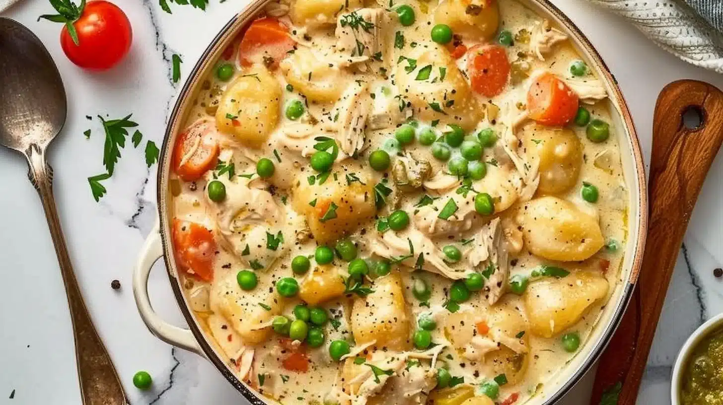 Creamy chicken pot pie gnocchi with vegetables in a rich sauce