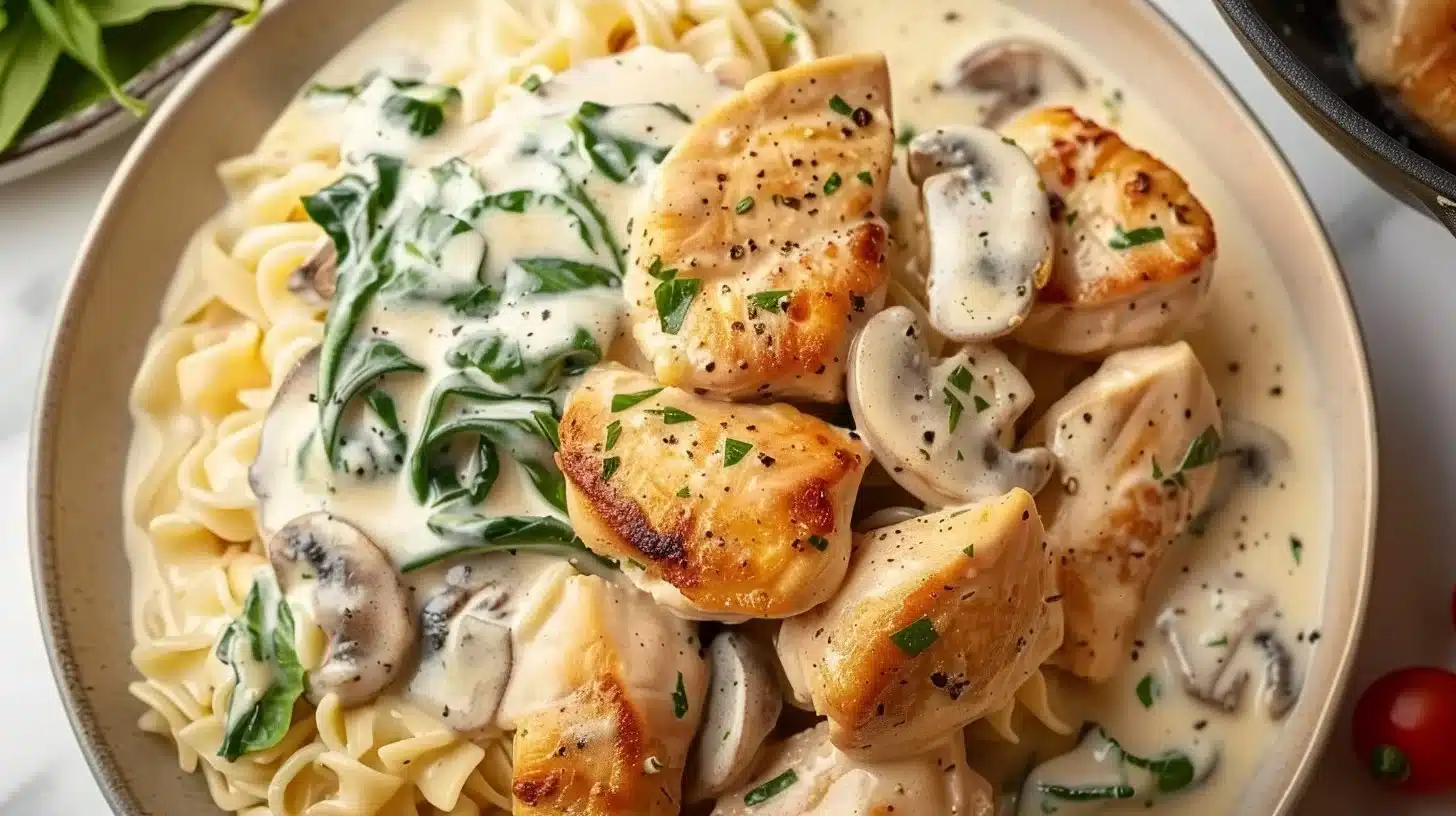 Creamy chicken skillet recipe with vegetables in a pan.