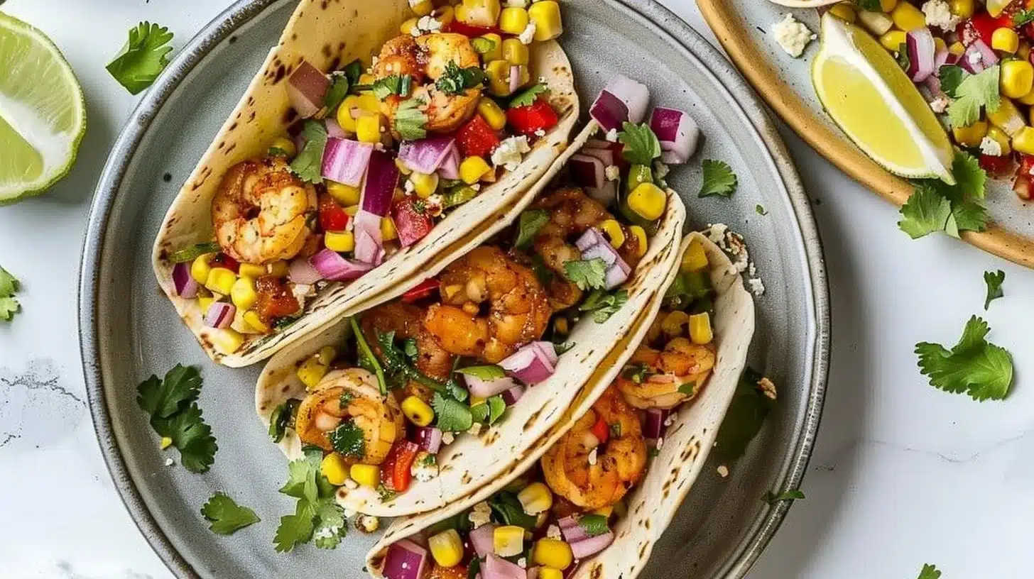 Creamy Chipotle shrimp and corn skillet tacos served on a plate