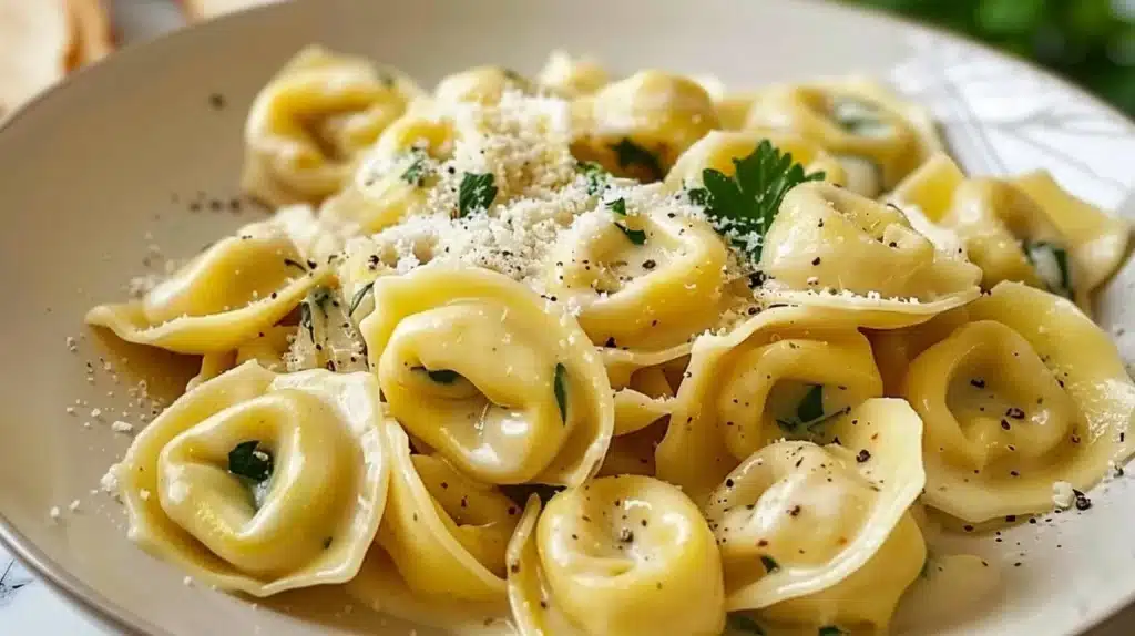 Bowl of creamy lemon tortellini pasta garnished with herbs