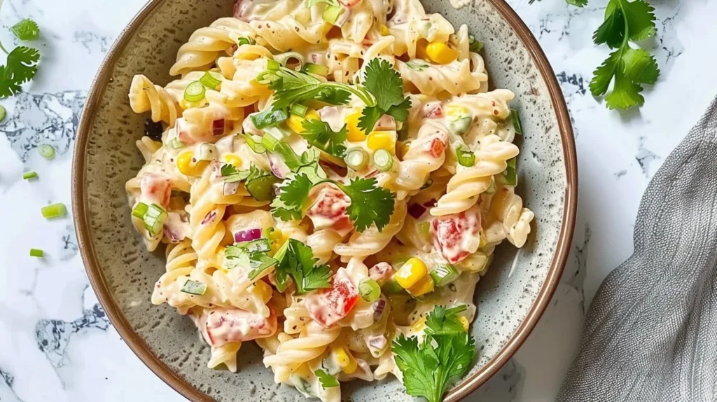 Creamy Mexican pasta salad with vibrant vegetables and dressing