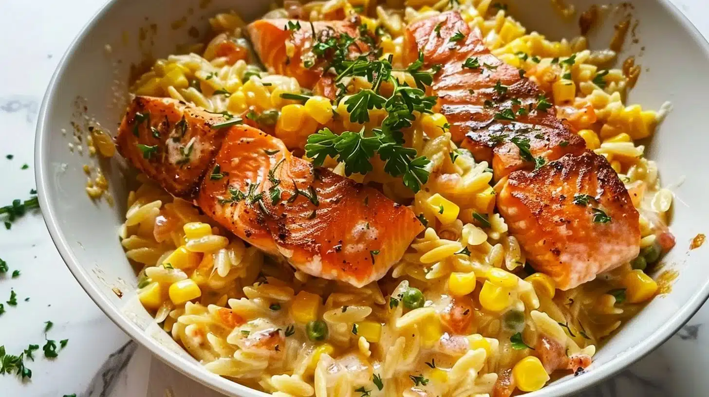 Creamy orzo with salmon and corn, a hearty and flavorful meal.