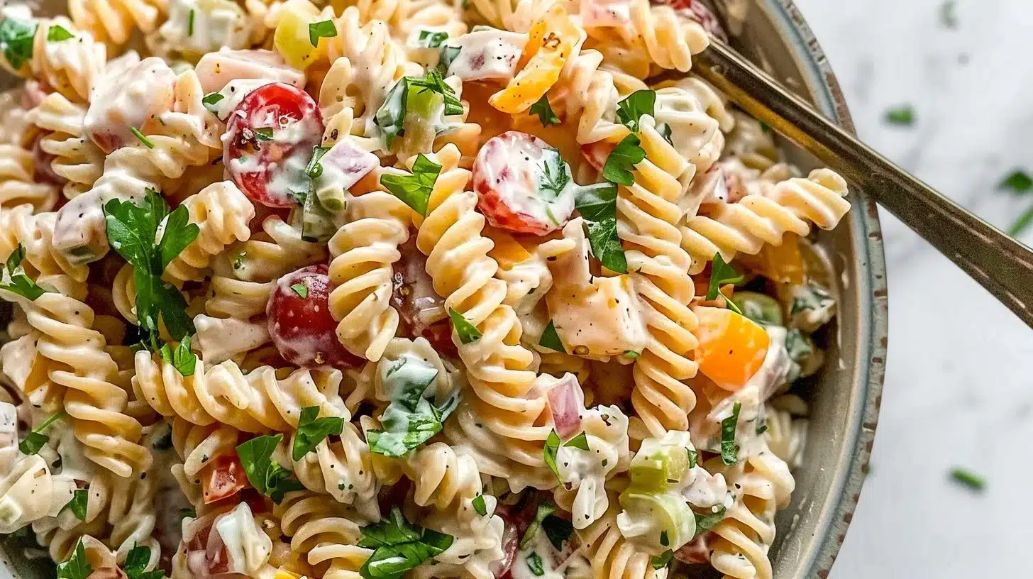 Creamy Ranch Pasta Salad with vibrant vegetables and ranch dressing