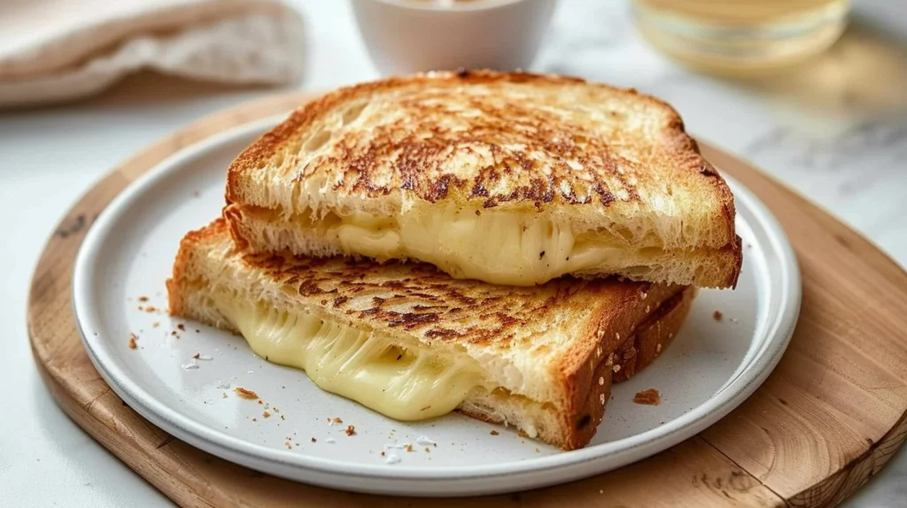 Crispy air fryer cheese toastie on a plate, golden and melted cheese