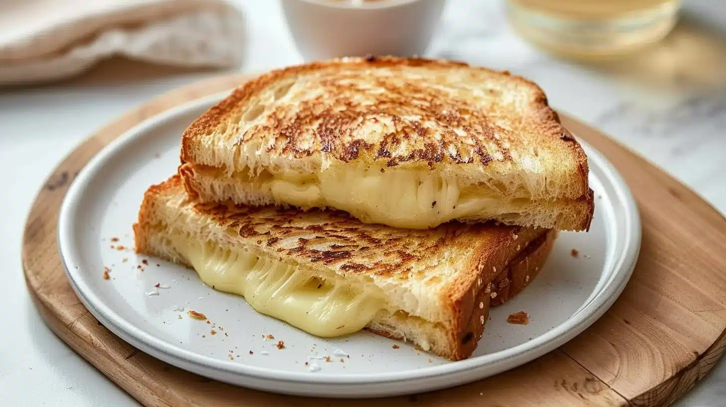 Crispy air fryer cheese toastie on a plate, golden and melted cheese