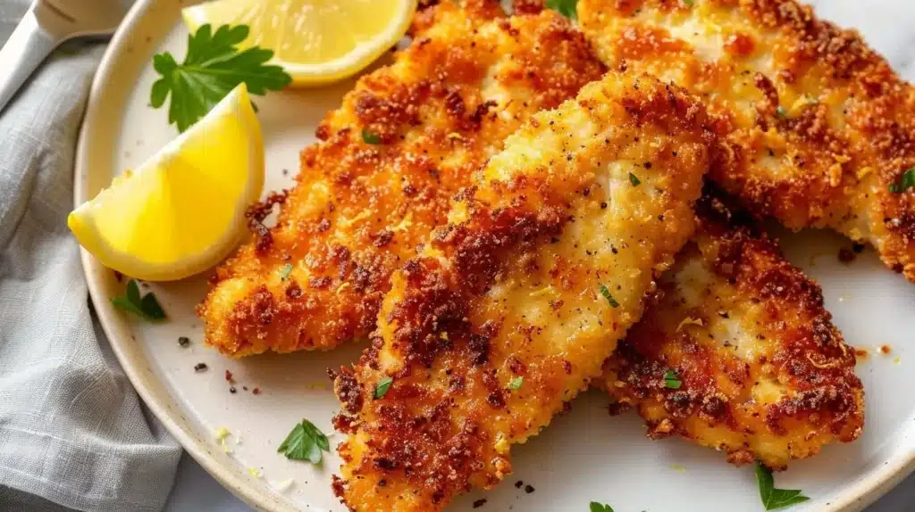 Crispy air fryer chicken cutlets seasoned with lemon pepper on a plate.