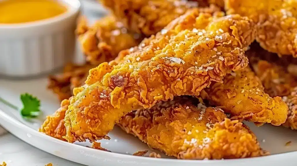 Crispy chicken tenders served with dipping sauce on a plate