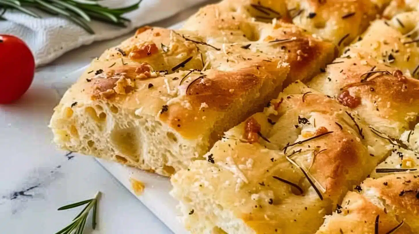 Crispy gluten-free focaccia bread topped with herbs and olive oil