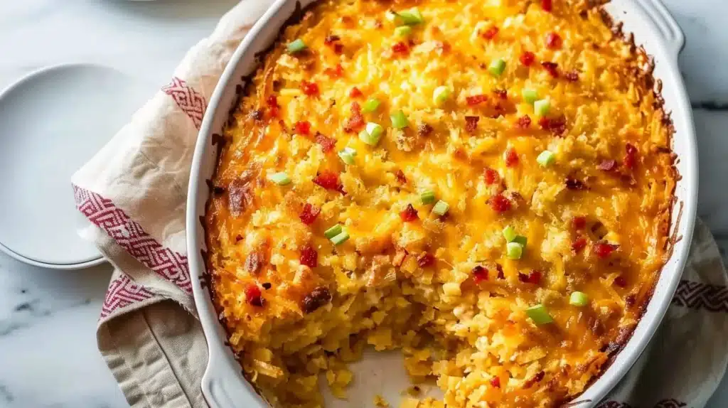 Crispy hash brown casserole topped with pimento cheese in a baking dish