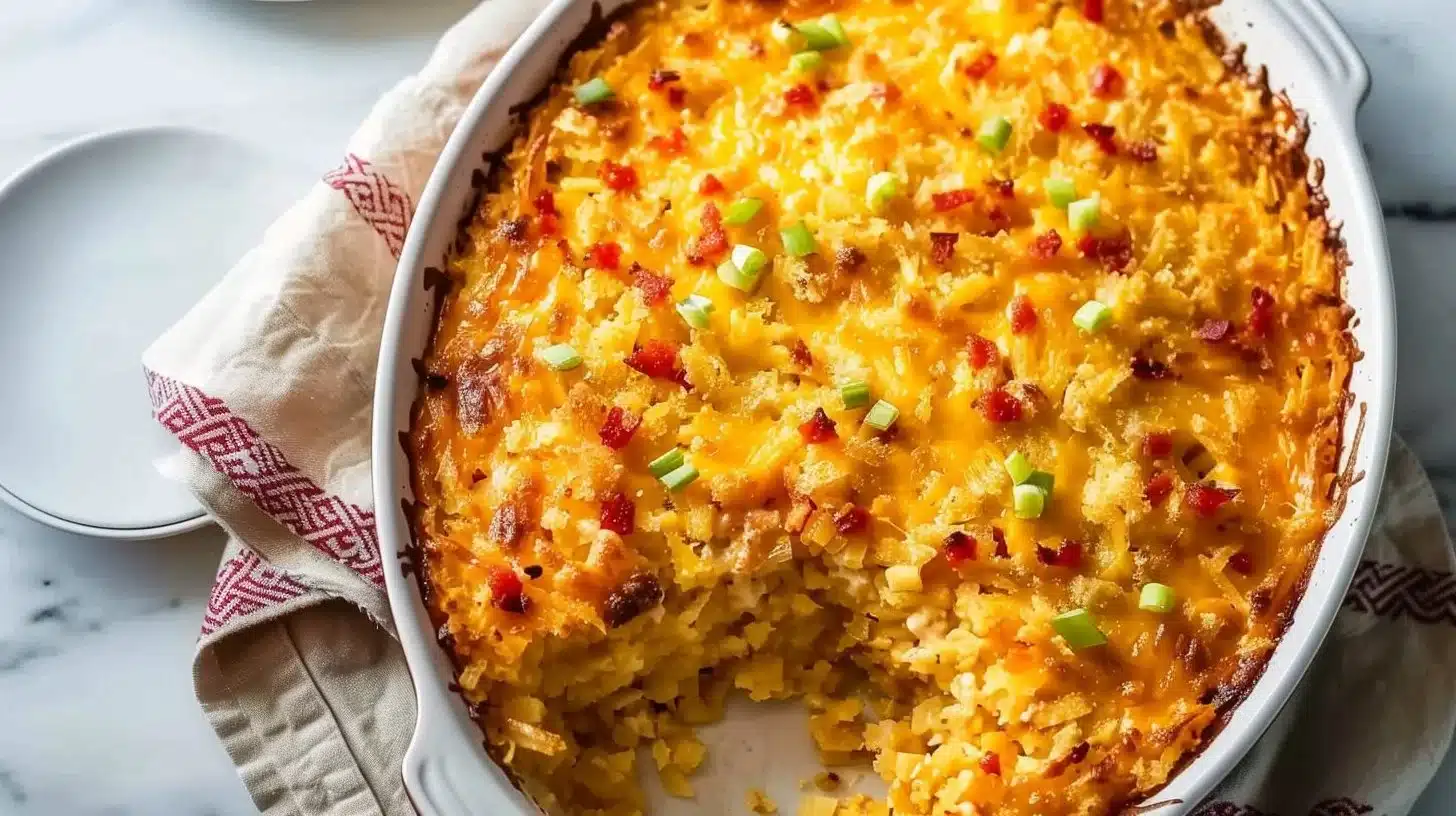 Crispy hash brown casserole topped with pimento cheese in a baking dish