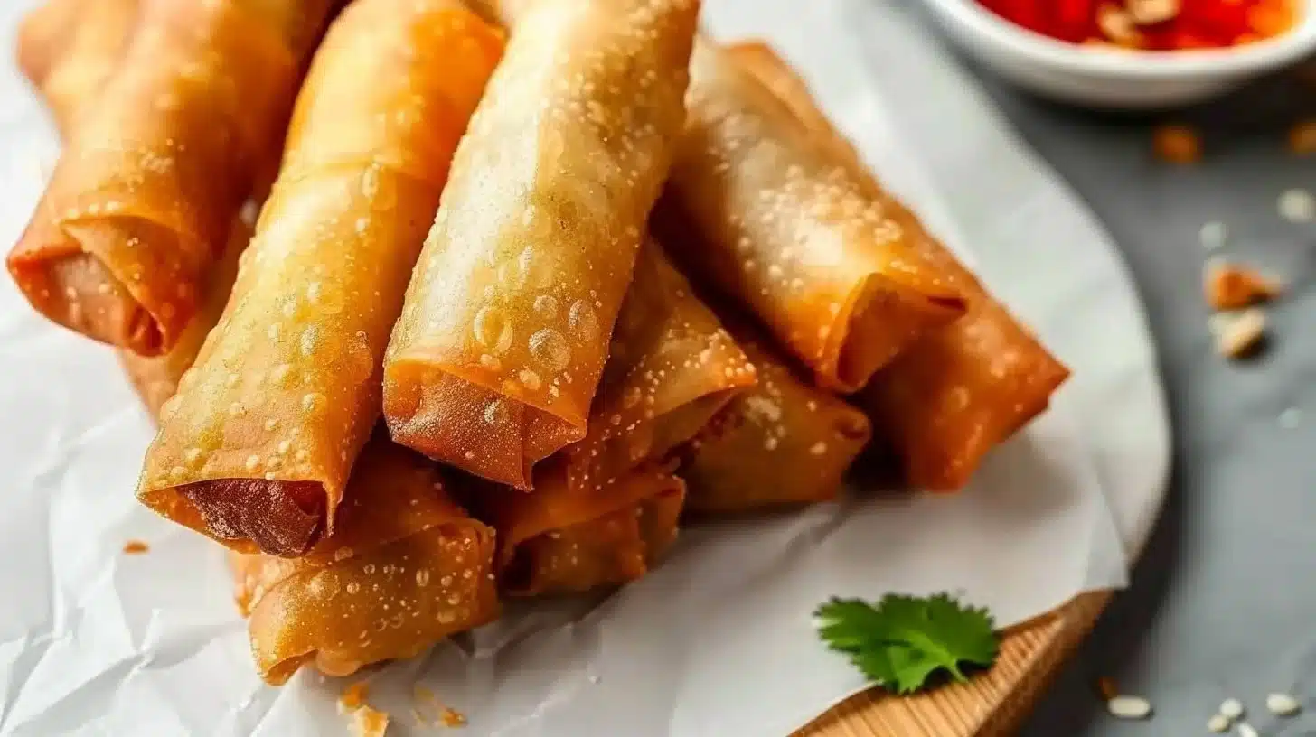 Delicious crispy spring rolls served with dipping sauce on a plate.