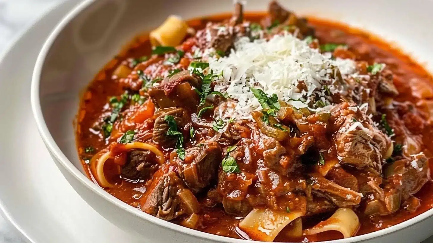 Crockpot Beef Ragu served with pasta in a bowl
