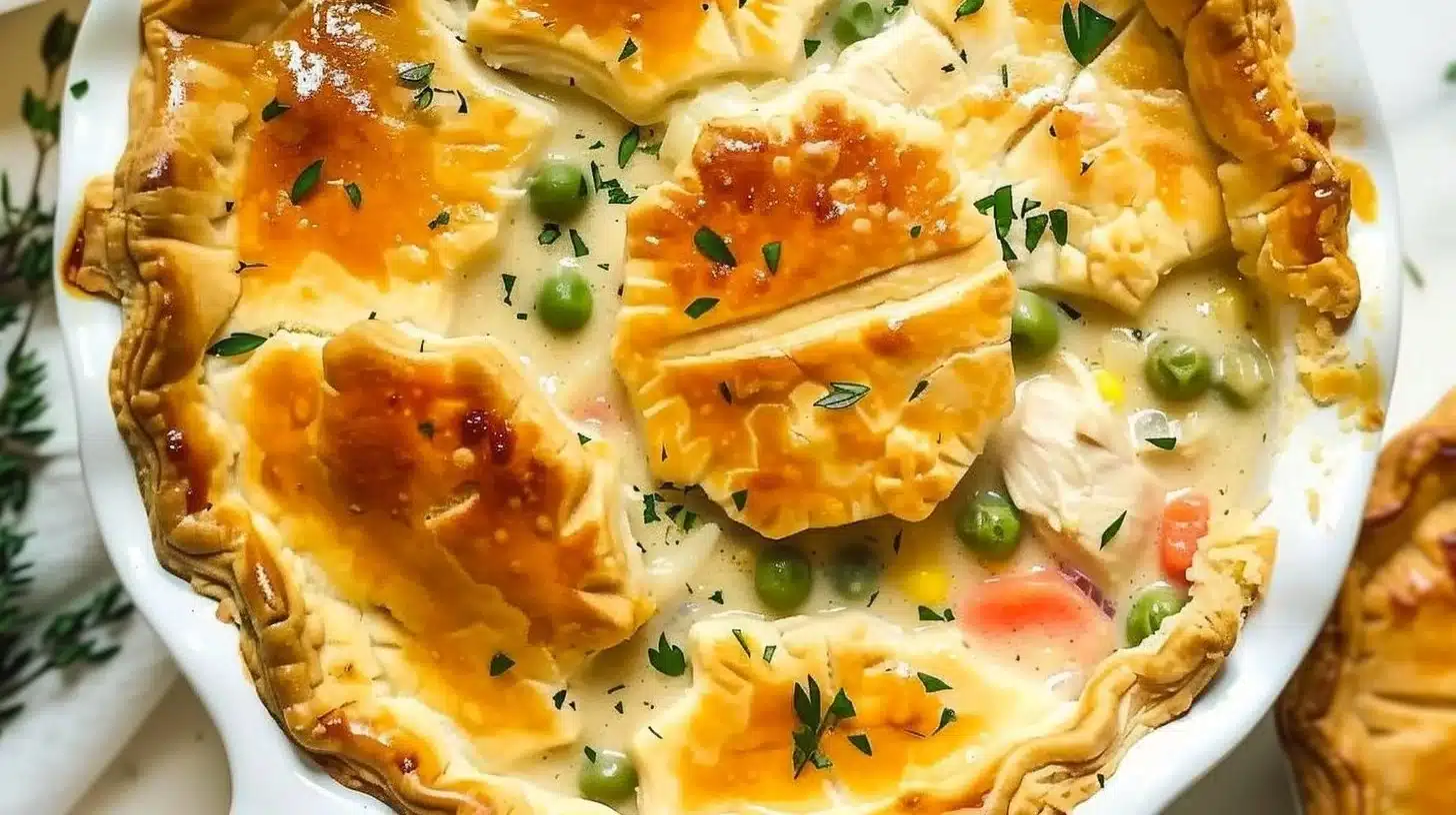 Delicious Crockpot chicken pot pie in a serving dish, ready to enjoy.