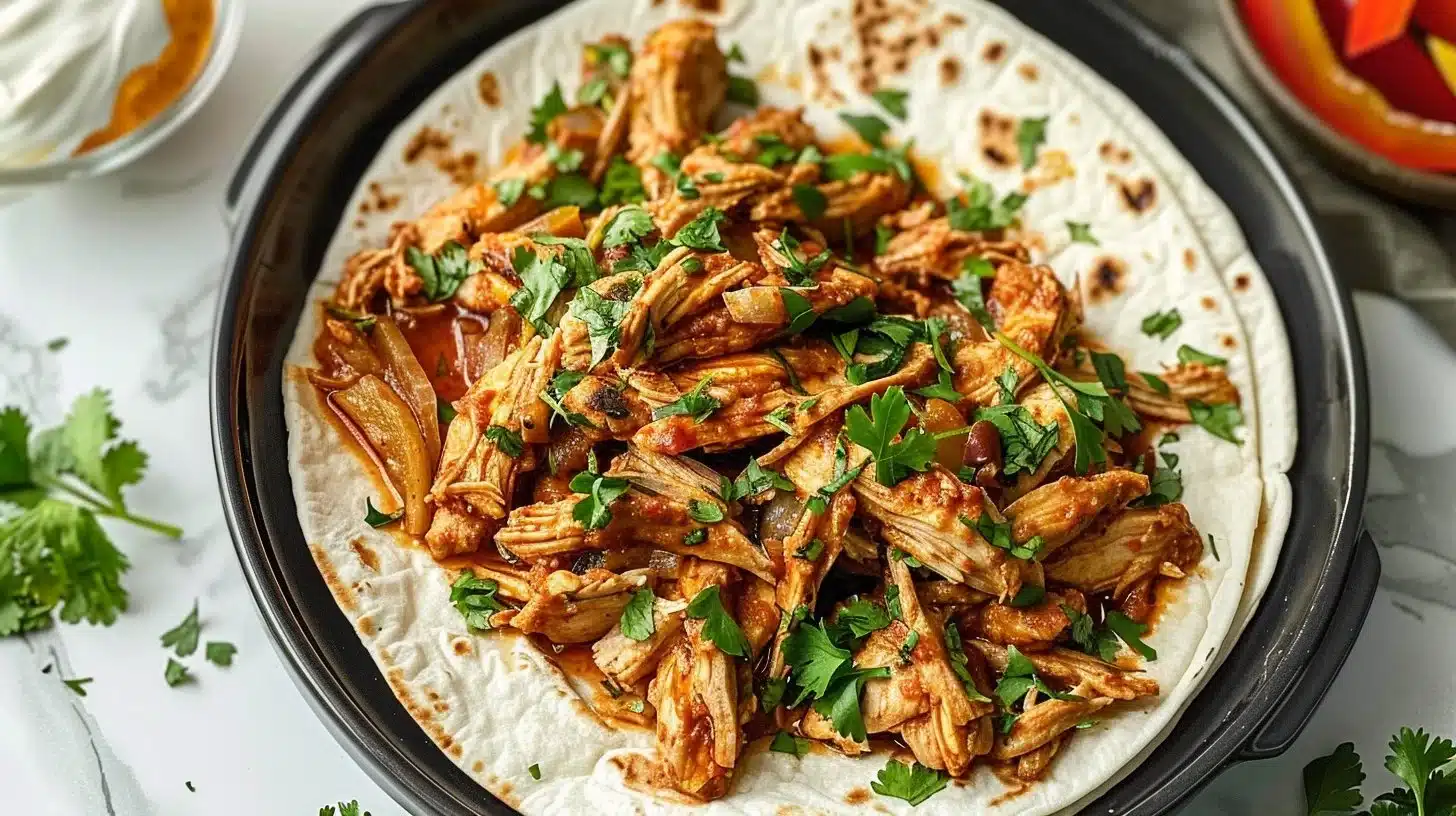 Delicious crockpot chicken shawarma served with fresh vegetables